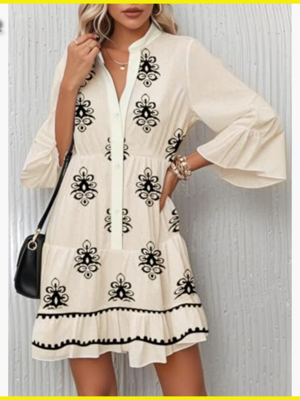 Flowy Ruffle 3/4 Sleeve V Neck Tiered Babydoll Boho Mini Dress Casual - Picture 3 of 4